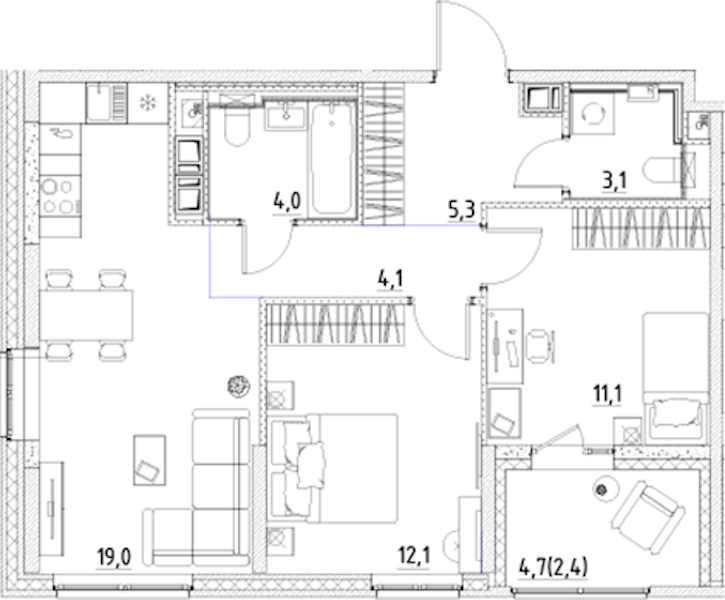 2-комнатная квартира 61.1 м², 7/12 эт., ЖК «Янила Форест»